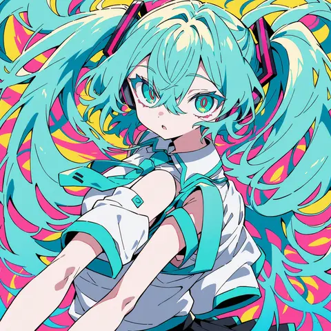 Three-quarter portrait of Hatsune Miku in her canonical Vocaloid outfit featuring sleeveless shirt, necktie, pleated skirt, arm warmers, thighhigh socks, platform boots, belt, digital wristwatch, and hair ornament against a simple studio background
